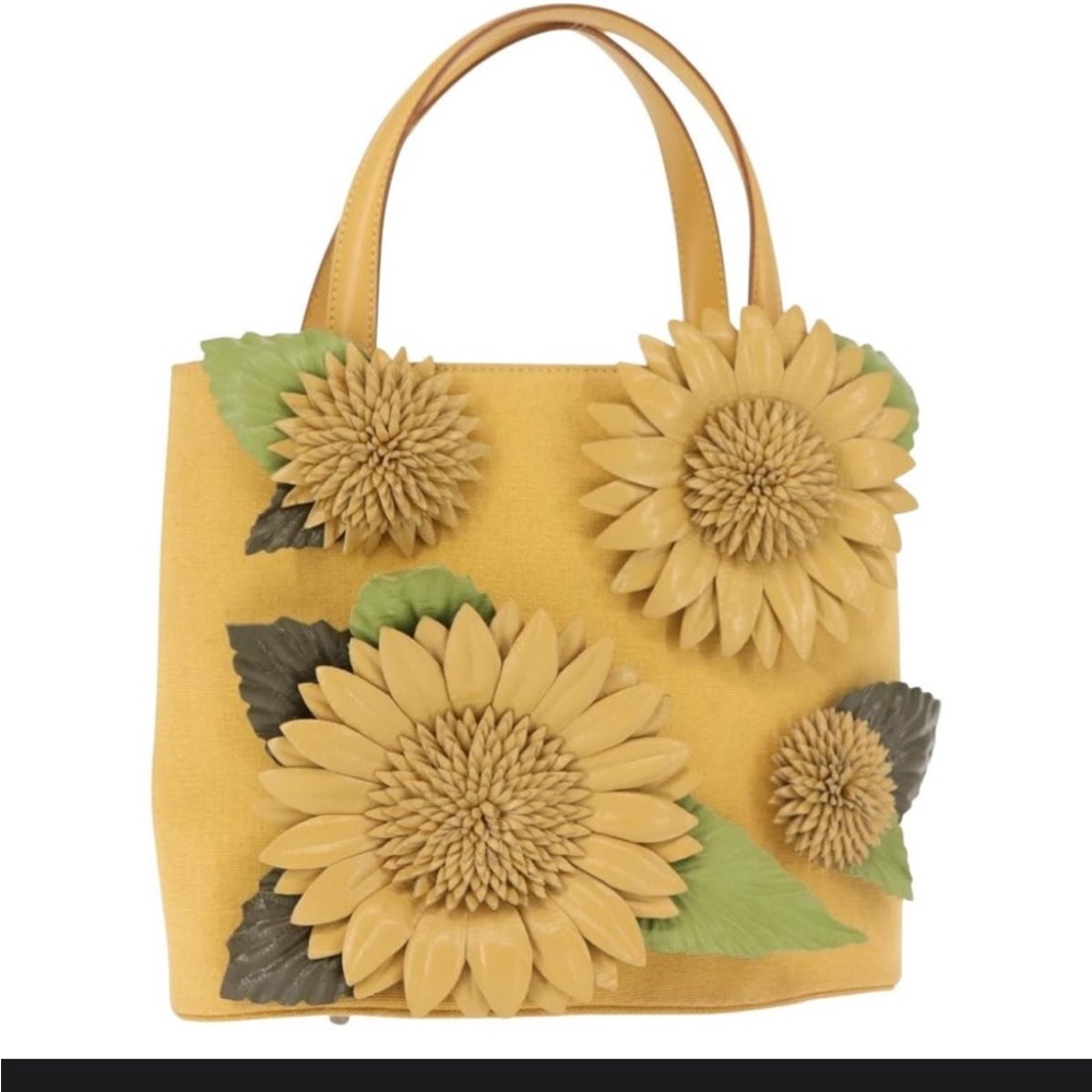 Salvatore Ferragamo Yellow Floral Appliqué Tote with Green Leaf Accents